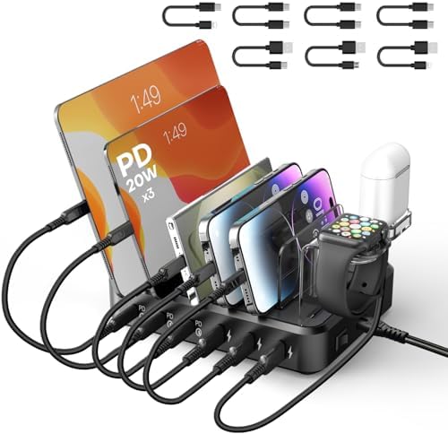 75 W 6-Port USB-C Fast Charging Station with 7 Cables – Multi-Device Dock for i Phone, Samsung, i Pad & More – Ultimate Charging Solution for Home & Office Efficiency