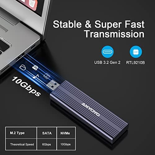 ANYOYO M.2 NVME SATA SSD Enclosure – Ultra-Fast USB 3.2 Gen 2 Adapter for 2242, 2260, 2280 M.2 SSDs with M-Key/M+B Support – Lightning Speed Data Transfer up to 10 Gbps, Plug & Play Convenience, UASP Compatibility, Durable Aluminum Design for Portable Storage Solutions