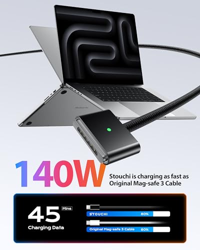 Stouchi USB-C to Magnetic 3 Cable (6.6 ft) – 140 W Fast Charging for Mac Book Air & Pro Models – Premium Braided Design for Enhanced Durability and Effortless Connectivity – Ideal Accessory for Efficient Power Delivery and Hassle-Free Use – Sleek White Finish for Modern Aesthetics