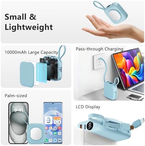 LUCKYDUO Ultra-Slim 10000 m Ah Power Bank with Integrated Dual Charging Cables and LED Battery Indicator – Elegant Travel Companion for Fast Charging i Phones, Samsung Devices, and More – Stylish Portable Charger for On-the-Go Power Solutions