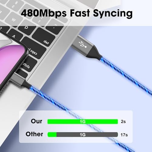 Illuminate Your Charging Routine with the 3.3 ft Light-Up i Phone Charger Cable – MFi Certified LED Charging Cord for i Phone 14/13/12/11/XR/XS/X/8, i Pad, Air Pods, and More – Fast Charging with Vibrant Blue Glow for Enhanced Visibility and Performance