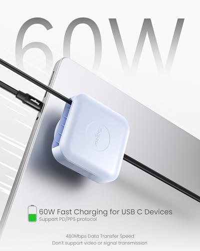 Fasgear Retractable USB C Cable Desk Mount – 60 W PD/PPS Fast Charging Type C Charger for i Phone 16/15, i Pad, Galaxy S24/S23, Google Pixel – 360° Rotatable Cable Management Solution in Sleek White – Ultimate Convenience for Tangle-Free Charging and Enhanced Device Accessibility