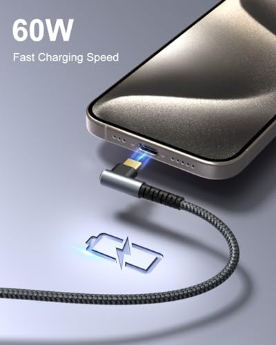 Enhanced 10 ft Right Angle USB C to USB C Cable – 60 W Fast Charging and Data Transfer for i Phone 16, Mac Book, Galaxy S24 – 4-Pack Durable Braided Design for Optimal Performance and Convenient Use