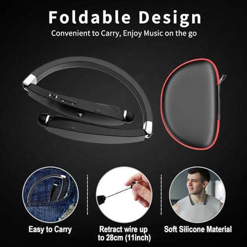 Premium Foldable Bluetooth Headphones – Wireless Neckband Headset with Retractable Earbuds, Noise Cancelling Technology for Sports & Exercise (Gold) – Ultimate Comfort and Seamless Connectivity with Stylish Carrying Case