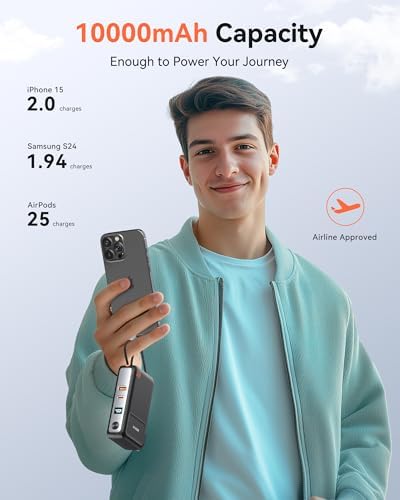 Ultimate 3-in-1 Fast Charging Power Bank – 10,000 m Ah with Integrated USB-C Cable & 65 W Wall Charger for Seamless Device Compatibility – Ideal Battery Pack for i Phone 16/15, Samsung, Mac Book & More – Compact & Lightweight Design with Smart Digital Display & Dual Charging Ports for Concurrent Use – Perfect for Travelers & Everyday Power Needs