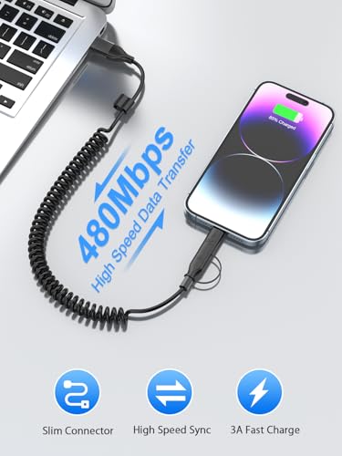 Versatile 4-in-1 Coiled USB C and Lightning Cable for i Phone 15 and 16 – 3 FT Fast Charging Car Charger Cord with 60 W Power Output, Stylish Pink Design, Compatible with Car Play and Android Auto for Ultimate Convenience and Enhanced Connectivity