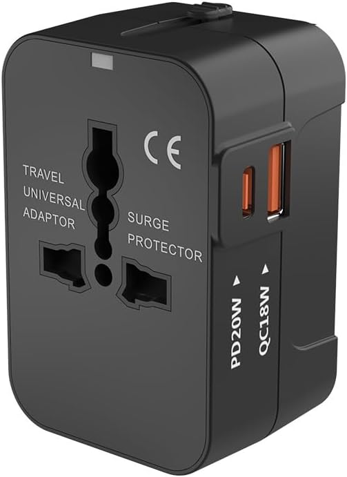 Global Travel Adapter with PD20 W Fast Charging – Dual USB Type-C & USB-A Ports – All-in-One Plug Converter for EU, UK, USA, AU – Essential Charging Solution for Travelers and Explorers