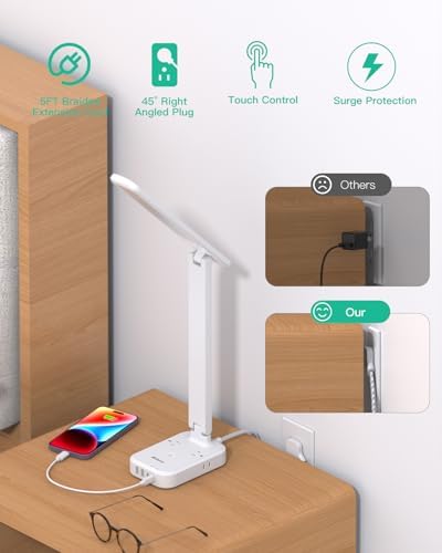 Compact LED Desk Lamp with Power Strip & USB Charging Hub – 30 W Touch Control Lamp with 4 AC Outlets & 4 USB Ports (2 USB-C) – Ideal for Home Office, College Dorm, and Bedroom Workspaces – Enhance Productivity & Style with 5 FT Extension Cord