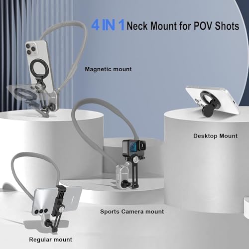 Magnetic Neck Phone Holder – 4-in-1 Hands-Free Mount for i Phone, Android, and Go Pro – Enhanced POV & Vlog Recording Accessory with Adjustable Comfort Neckband – Lightweight & Travel-Friendly Design for Effortless Content Creation – Ideal for Adventurers and Creators