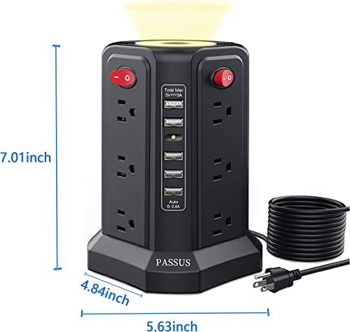 PASSUS Surge Protector Power Strip Tower with 12 AC Outlets and 5 High-Speed USB Ports – 10 FT Extension Cord with Overload Protection and Built-In Night Light for Home Office and Dorm Room – Sleek Black Design for Ultimate Charging Efficiency