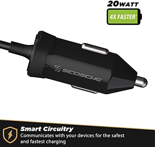 Scosche CPDC203 Power Volt 20 W Fast Car Charger with 3-Foot Adjustable Coiled Cable – Universal USB-C Compatibility, Power Delivery 3.0 for Rapid Charging of Smartphones, Tablets, and More – Compact and Efficient Travel Accessory