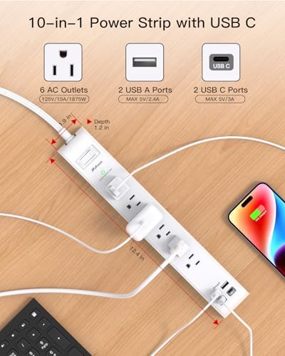 Dual Pack 12 FT Power Strip with 6 AC Outlets & 4 USB Ports, Including 2 USB-C – Versatile Surge Protector for Home, Office, and Dorm Use – Space-Saving Flat Plug Design, Wall Mountable for Ultimate Convenience and Safety