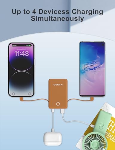 Ultra Slim 6000 m Ah Power Bank with Built-In USB C Cords – Card-Sized Portable Charger for Effortless On-the-Go Charging, Triple Output for i Phone, Samsung, Google Devices – Stylish and Compact Battery Pack for Enhanced Efficiency and Versatility