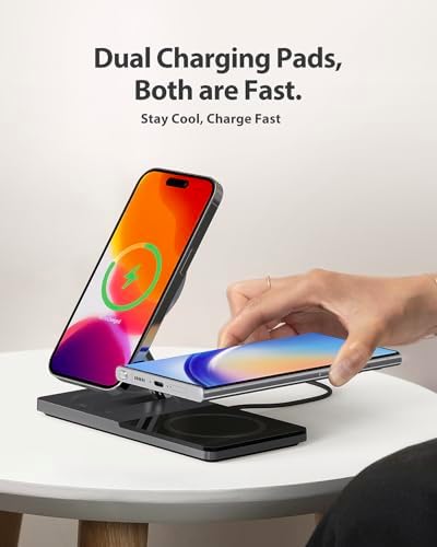 Innovative 2-in-1 Wireless Charging Station for i Phone & Air Pods – Foldable Mag Safe Charger Stand for i Phone 12-16 & Air Pods, Portable Design, Enhanced Magnetic Alignment for Fast Charging, Sleek & Space-Saving Solution for Home & Office Use