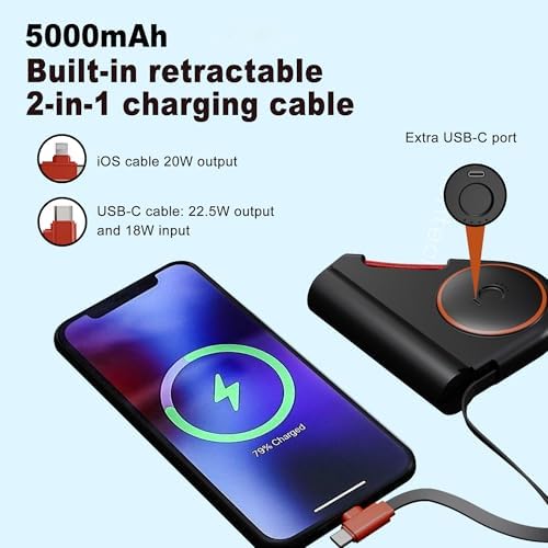 Wearable Power Bank with Built-in Retractable Cables and LED Flashlight – 5000 m Ah Portable Charger for Quick USB-C Fast Charging (22.5 W) – Universal Compatibility for i Phone and Android Devices – Lightweight Outdoor Essential for Seamless Connectivity