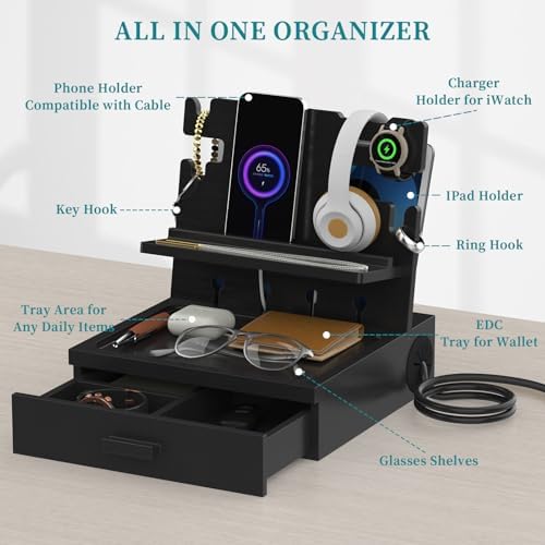 Nightstand Organizer, Wood Bedside Organizer Docking Station with USB Ports and Outlets, Gifts for Men, Nightstand Drawer Organizer for Cellphone, Watch, Sunglasses & Accessories – Enhanced Compatibility and Speed