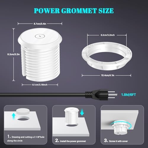 Recessed 20 W USB-C Power Grommet with 15 W Wireless Charger – Sleek Desk Power Strip Featuring 2 AC Outlets, 18 W USB-A Port, and 6 FT Cord for Ultimate Convenience in Home and Office Environments – Ideal for Efficient Charging and Enhanced Productivity