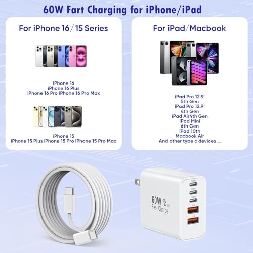 Power Up Your Devices with the i Phone 16 Fast Charger Block: 2-Pack 60 W USB Charging Adapter with 5 Ports and 6 FT Woven Cable for Rapid Charging of i Phone 16, i Pad Pro/Air/Mini – Enhanced Efficiency and Universal Compatibility for Multi-Device Charging