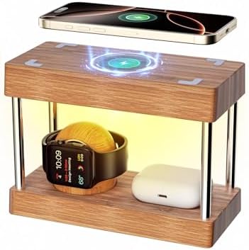 Eco-Friendly Bamboo Wireless Charging Station with Nightlight – Multi-Device Bedside Charger for i Phone 16/15/14/13/12/11 Pro Max, Air Pods & Apple Watch | Fast Charging & Stylish Design for Home & Office Use