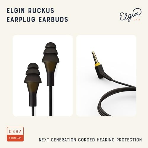 Elgin Ruckus+ OSHA Compliant Earplug Earbuds – 25 d B Noise Reduction Wired Headphones with Built-in Mic for Clear Communication – Sweatproof Design for Construction & Industrial Use – Enhanced Device Compatibility for Seamless Connectivity and Comfort