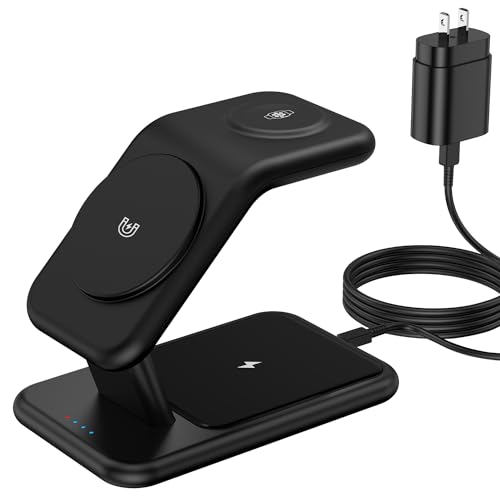 TUMABER 3-in-1 Wireless Charging Station for Apple Devices – Fast Charging Stand for i Phone 15/14/13/12/11, Apple Watch, and Air Pods – Clutter-Free Desk Solution with 25 W USB-C Charger Included – Sleek Office Accessory for Enhanced Device Management