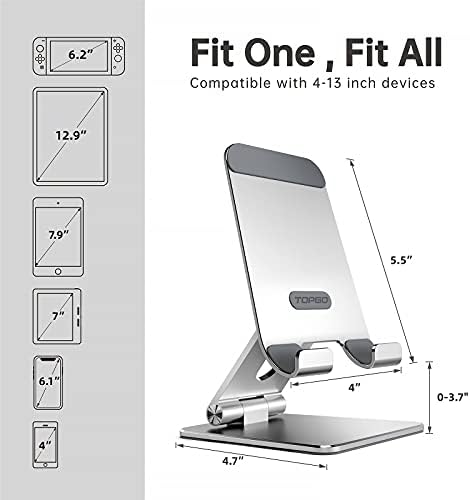 TOPGO Adjustable Cell Phone Stand, [Fully Foldable & Wide Compatibility] Desktop Stand Holder with Charging Port for iPhone, iPad, Kindle, Tablets, Switch – Silver – Enhanced Compatibility and Speed