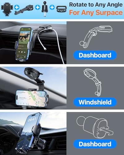 YRU 2025 Upgraded 360° Rotatable Car Phone Holder – Secure Suction Dashboard & Windshield Mount with Flexible Bendable Arm for i Phone 16 Pro Max & 15 – Enhance Driving Safety & Accessibility with Sturdy Design for Uninterrupted Use