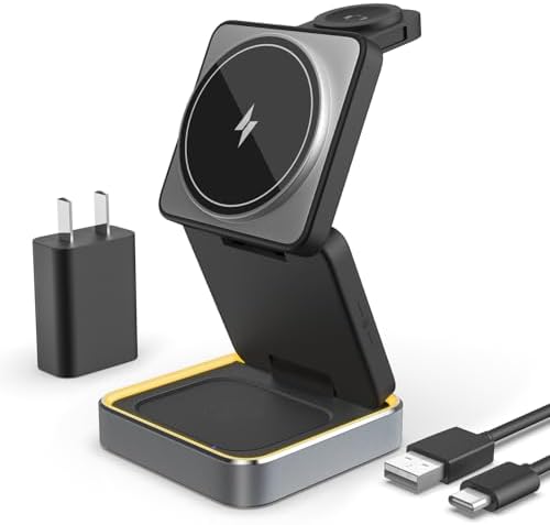 Revolutionary 3-in-1 Wireless Charging Station for i Phone 16/15/14 Series, Apple Watch & Air Pods – Sleek Bi-Fold Magnetic Design with 1.5 M USB Cable for Ultimate Portability and Fast Charging Efficiency – Simplify Your Charging Experience and Enhance Your Workspace