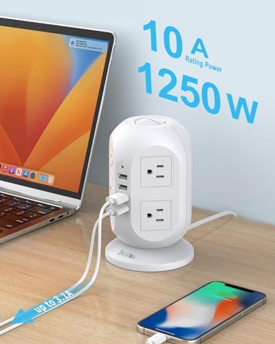 Ultimate Surge Protector Power Strip Tower: 8 AC Outlets, 4 USB Ports (Including 1 USB-C), 10 ft Flat Extension Cord – Versatile Charging Station for Home, Office or Dorm Use – Space-Saving Design with Advanced Surge Protection and Fast Charging Capabilities