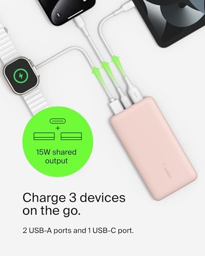 Belkin 10,000 m Ah Portable Charger – Fast Charging USB C Power Bank with Dual USB-A Ports for Multiple Devices, Includes Type-C to Type-A Cable, Compatible with i Phone 16, Samsung Galaxy S25, Nintendo Switch 2, i Pad & More – Lightweight Blue Design for Effortless Portability and Enhanced Power Delivery