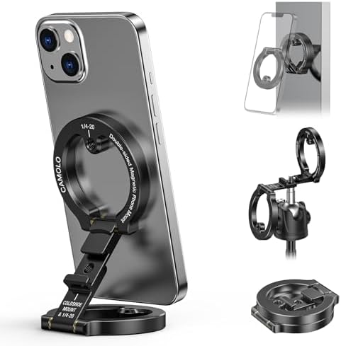 Mag Safe-Compatible Dual Magnetic Phone Holder for i Phone 12-16 Series – Portable Gym Stand with 1/4″ Tripod Mount in Sleek Silver – Ultimate Stability and Accessibility for Active Lifestyles