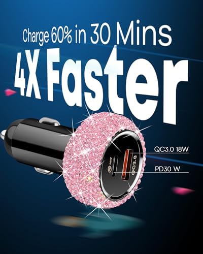 Stylish Pink Bling USB C Car Charger – 48 W Power Delivery & Quick Charge Dual-Port Adapter with 3.2 FT Type-C Cable for i Phone 16, 15 Pro Max, i Pad, Samsung Galaxy & Android Devices – Ultimate Fast Charging Solution for On-the-Go Convenience and Enhanced Compatibility