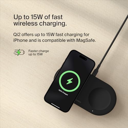 Belkin 15 W Mag Safe-Compatible 2-in-1 Wireless Charging Station – Fast Dual Device Charger for i Phone 16, 15, 14, 13 Series & Air Pods – Sleek Sand Design for Effortless Portability and Seamless Power Solutions