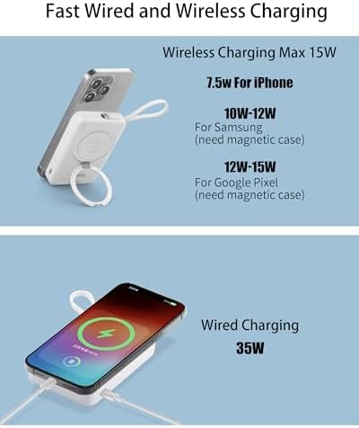 Miady 10,000 m Ah Magnetic Power Bank with Integrated Apple Watch Charger – Fast 35 W Wired & 15 W Wireless Charging for i Phone 16/15/14/13/12 & Android Devices – Compact Design with Built-In USB-C Cable & Safety Features for Effortless On-the-Go Power Solutions
