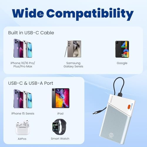 Sleek 5000 m Ah Pink Portable Power Bank with Integrated USB-C Fast Charger – Ultra-Compact Mini Battery Pack for i Phone 16/15/14 & Samsung S24 – Lightweight Design with Handy Lanyard for Effortless Travel Charging