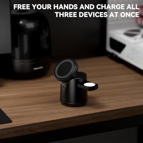 15 W Max Fast Charging 3-in-1 Wireless Charging Station for i Phone 16/15/14/13/12 Pro/Max/Plus – Magnetic Travel Charger for i Watch & Air Pods – Ultimate Compatibility & Speed for On-the-Go Power Solutions