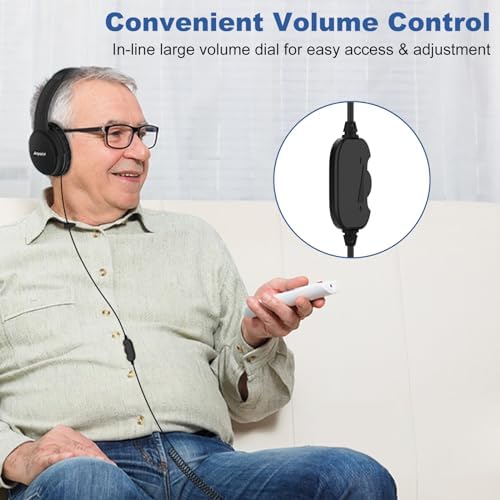 Discover the Ultimate Comfort with 19.5 Ft Wired Over-Ear Headphones for Seniors – Enhance Your Audio Experience with Adjustable Volume Control, Ergonomic Design, and Flexible Spring-Coiled 3.5 mm AUX Cable for Seamless Compatibility with TV & PC. Enjoy High-Quality Sound and Freedom of Movement with Extra Long Cord Headphones, Perfect for All Your Listening Needs. Experience Superior Comfort and Clarity in Every Note with These Specialized Headphones Designed for Enhanced Hearing and All-Day Use.