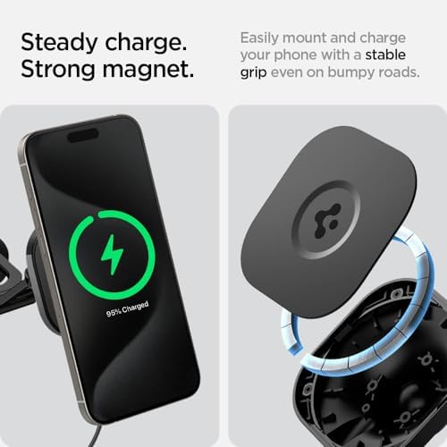 Spigen One Tap Pro 3 Wireless Car Charger for Tesla – Ultimate Mag Safe Compatibility with Fast Charging for i Phone – Sleek Screen Mount for Safe Navigation and Effortless Power on the Road