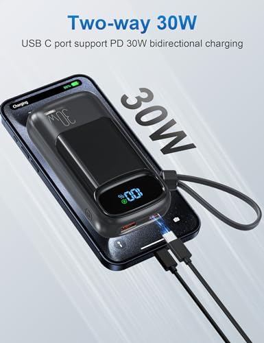 Compact 10,000 m Ah Fast Charging Power Bank with Built-In USB-C Cable for i Phone 16/15, Mac Book, Galaxy, and i Pad – Ultimate Travel Battery Pack for On-the-Go Charging Needs