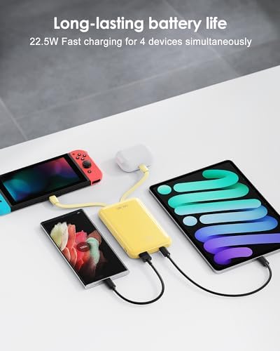 10000 m Ah Portable Power Bank with Built-in Cable – 22.5 W PD Fast Charging, Compact & Lightweight Charger for Apple, Samsung, Google, Motorola – Sleek Grey Design for On-the-Go Convenience and Enhanced Compatibility