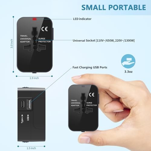 Global Travel Power Adapter with Dual USB-C & USB-A Ports – Compact & Efficient Universal Charger for USA, EU, UK & AUS – Reliable Fast Charging Solution for Tech-Savvy Travelers in Sleek Black Finish