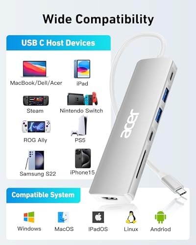 Acer 7-in-1 USB C Hub with 4 K HDMI Splitter – Ultimate Connectivity Solution for Laptops & PCs – Fast 5 Gbps Data Transfer, PD 100 W Charging & SD Card Reader – Transform Your Workspace with Enhanced Performance and Versatility