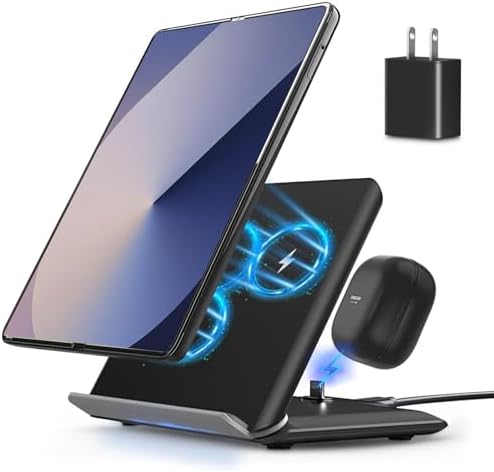 Revolutionary 2-in-1 Fast Wireless Charging Station for Samsung Galaxy Z Fold Series – 15 W Quick Charge for Z Fold 6/5/4/3, S24/S23/S22, Note20 Ultra & Galaxy Buds2 Pro/2/Live – Sleek Black Design with PD Adapter for Optimal Power Efficiency and Enhanced Compatibility