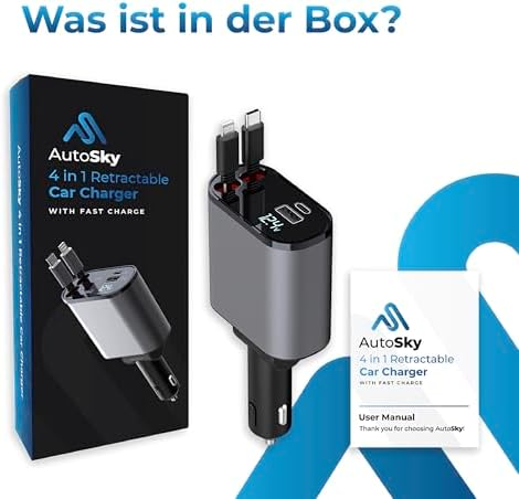 Auto Sky 4-in-1 Retractable Fast Charger for Cars – 100 W High-Speed USB-C & USB-A Charging Cable Compatible with i Phone, Galaxy, Pixel & More – Ultimate Travel Accessory with Smart Design and Safety Features