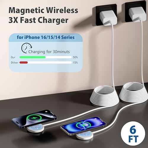 Enhanced 6 FT Magnetic Wireless Charger for i Phone – 15 W Fast Charging Pad with 20 W USB-C Adapter – Ultimate Compatibility for i Phone 16/15 Series & Air Pods – Secure Magnetic Alignment & Intelligent Safety Features – Travel-Friendly Design for Effortless Charging at Home, Office, or On-the-Go – Experience 3 X Faster Charging with Robust Protection Against Overheating and Short-Circuiting – Perfect for Mag Safe Cases – Say Goodbye to Cable Clutter with This Sleek, Ultra-Thin Charger – Ideal for Modern Mobile Users Seeking Efficiency and Reliability in Power Solutions – Charge Safely and Swiftly While Enjoying Your Device – Get Yours Today for Unmatched Convenience in Wireless Charging!