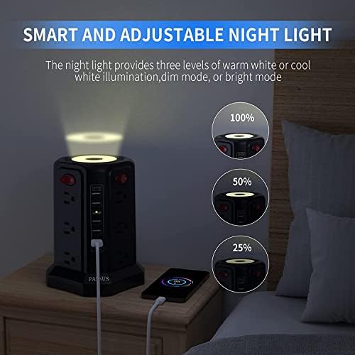 PASSUS Surge Protector Power Strip Tower with 12 AC Outlets and 5 High-Speed USB Ports – 10 FT Extension Cord with Overload Protection and Built-In Night Light for Home Office and Dorm Room – Sleek Black Design for Ultimate Charging Efficiency