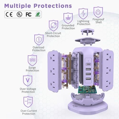 Ultimate Power Strip Tower with USB Ports – Ai Joy 12 AC Outlet Surge Protector and 4 USB Charging Station with 10 Ft Extension Cord, Overload Protection for Home, Office, and Dorm Use – Space-Saving Design for Enhanced Device Compatibility and Fast Charging
