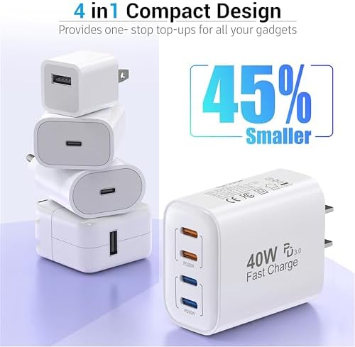 40 W Multi-Port USB C Fast Charging Block – 4 USB C Ports for Simultaneous Device Power | Compatible with i Phone 11-16, Galaxy Phones, Smartwatches | Compact Wall Plug Adapter for Home and Travel | Enhanced Safety Features and Efficient Charging