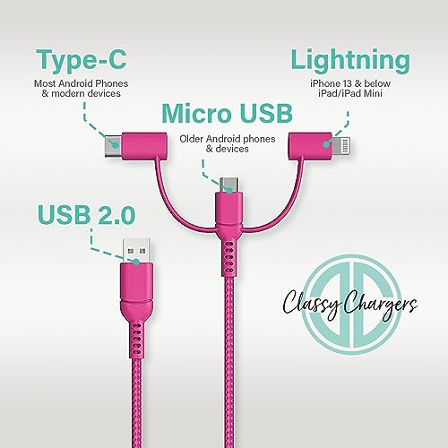 Versatile 3-in-1 Universal Charging Cable – 6 ft Nylon Braided Charger for i Phone, Android & More | Lightning, Type C & Micro USB Compatibility | Fast Charging Solution in Vibrant Tangerine for Ultimate Convenience and Style