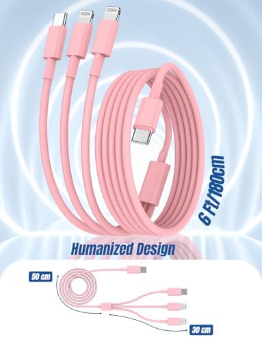 Versatile 3-in-1 i Phone Charger Cable – 6 FT USB C to Lightning with Triple Port Compatibility for i Phone 16/15/14/13/12/11 Pro Max/XS/XR/8 & i Pad Pro/Mini – Fast Charging Solution (2-Pack, Black) for Effortless Multi-Device Power Management